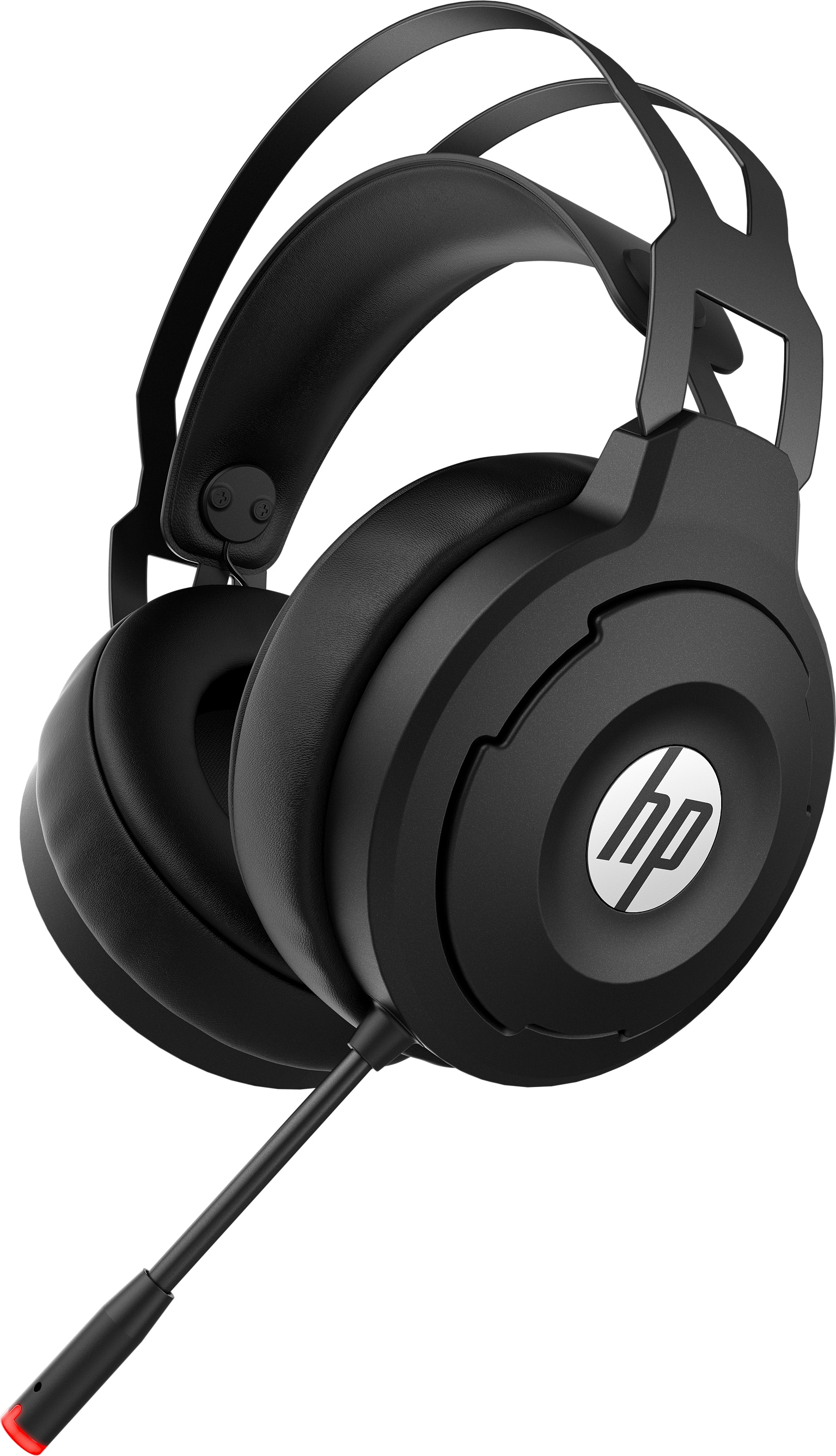 Schwarzes HP Gaming-Headset mit Mikrofon auf weißem Hintergrund. Das HP-Logo ist sichtbar.