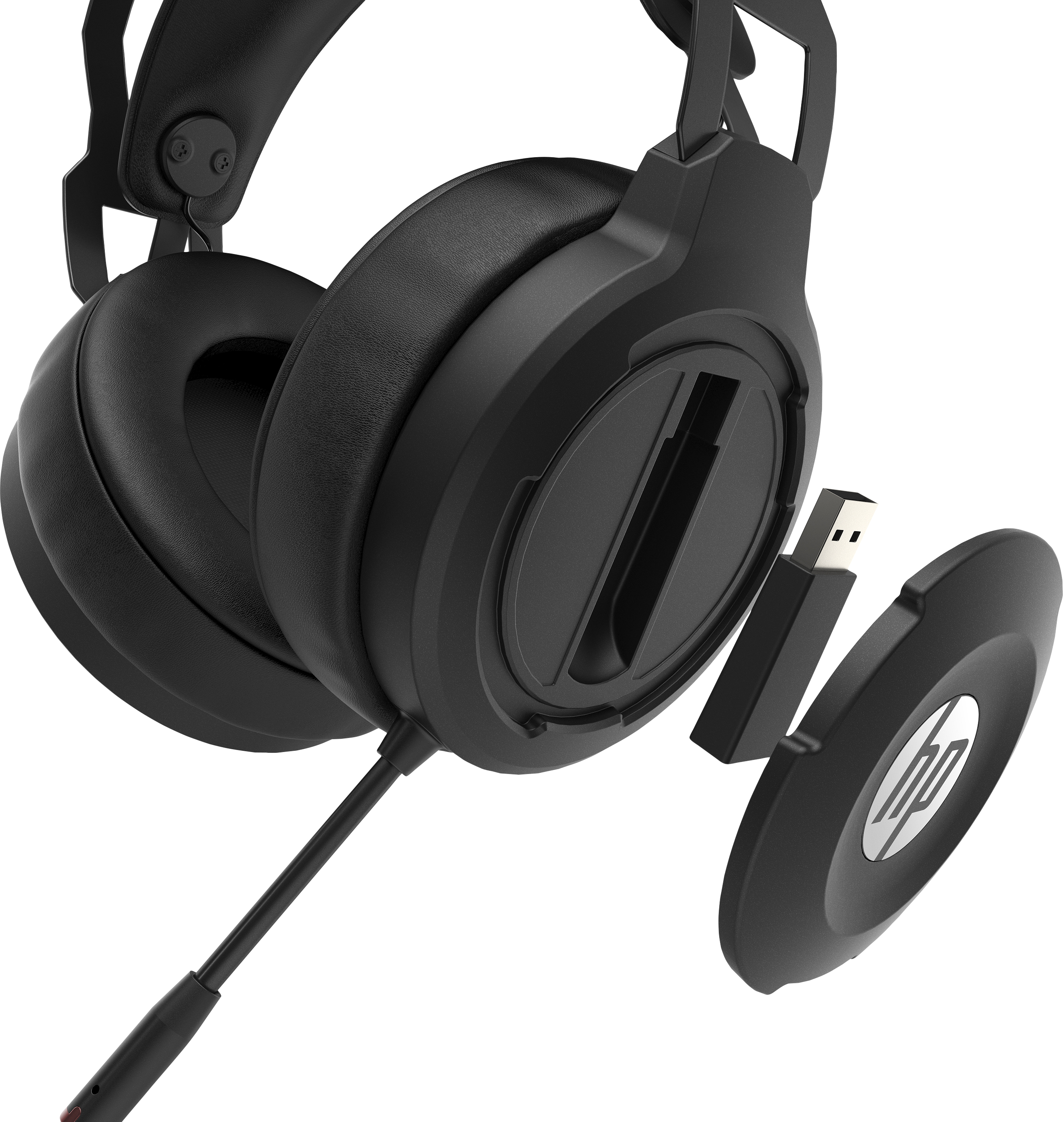 Ein schwarzes Gaming-Headset mit abnehmbarem USB-Dongle und Mikrofon.
