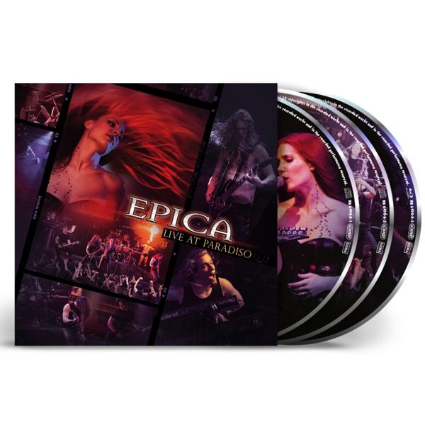 Pochette de l'album 'Epica: Live at Paradiso'. Avec un groupe live, une femme et plusieurs CD.