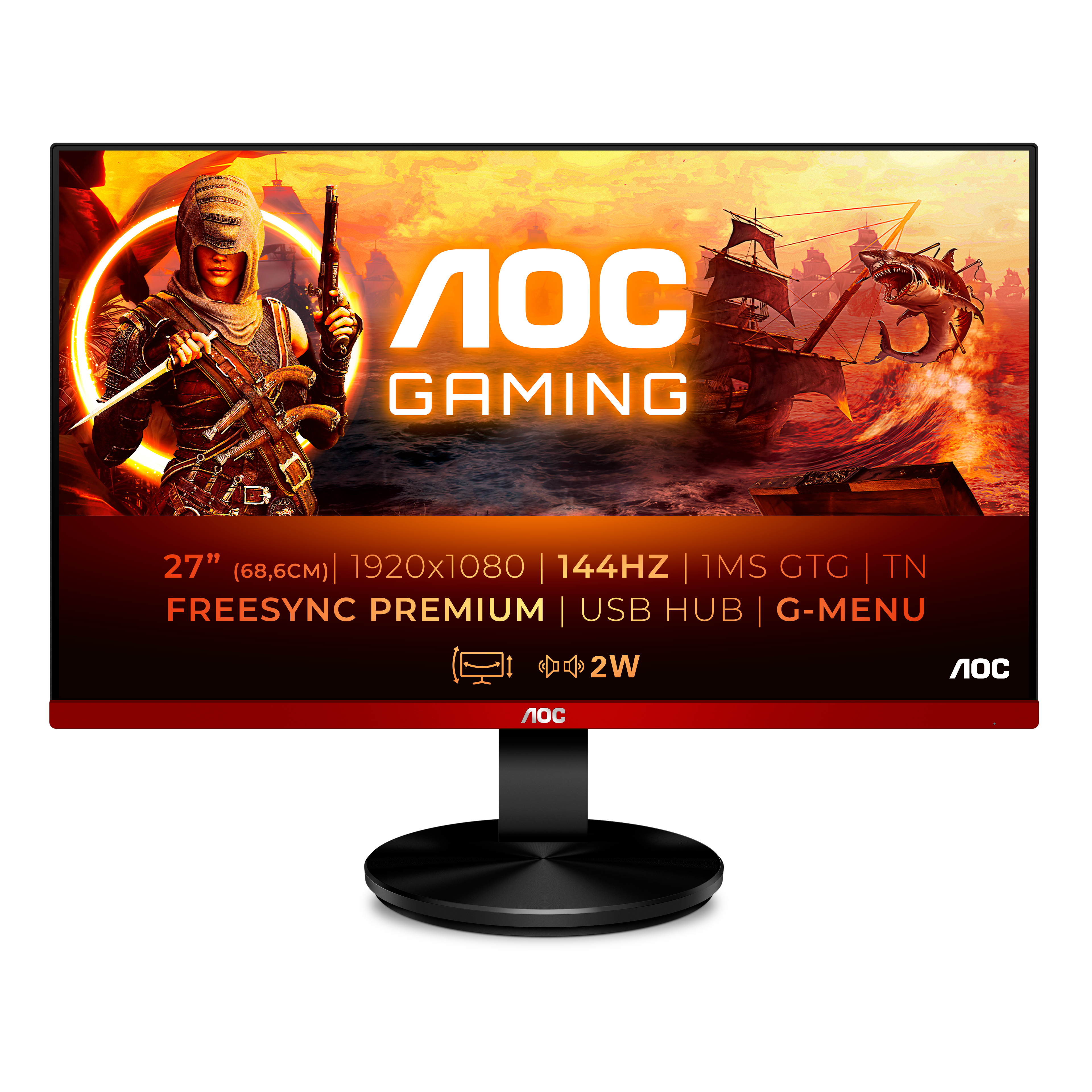 AOC Gaming Monitor G2790PX 27 Zoll Gaming Monitor, Full-HD, 1 ms Reaktionszeit, 400 cd/m², 144 Hz, Schwarz, Rot