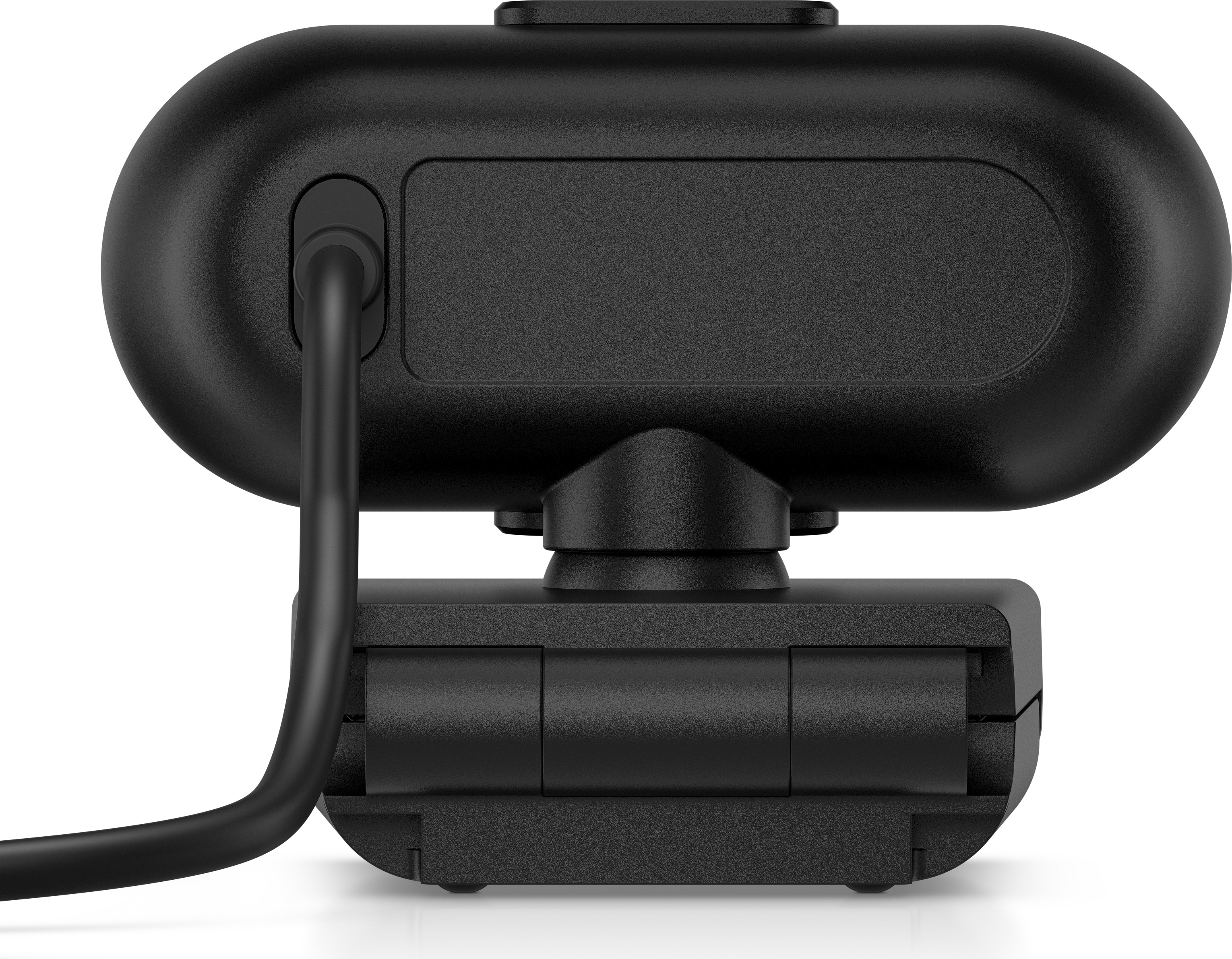 Zwarte webcam met een kabel en een rechthoekig ontwerp, zijaanzicht.