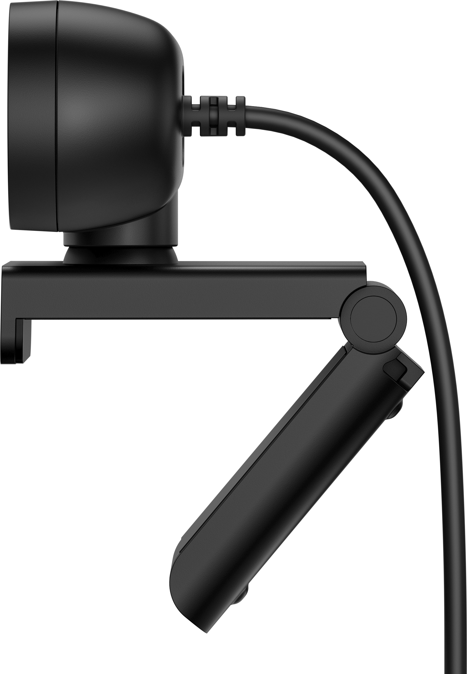 Zwarte webcam met een standaard op een wit oppervlak.