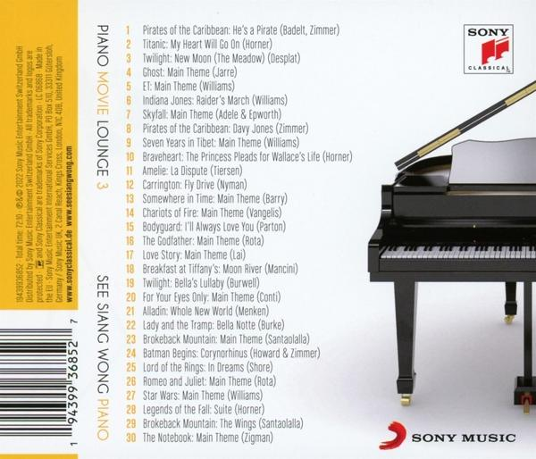 Die Rückseite einer Piano-Filmmusik-CD mit Titelliste und Sony Classical-Logo.