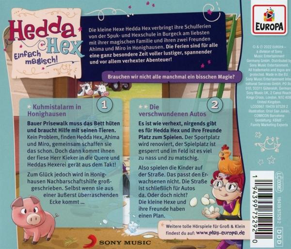 Rückseite einer CD-Hülle mit Text und Illustrationen. Ein Schwein, eine Henne und eine Hexe sind abgebildet.