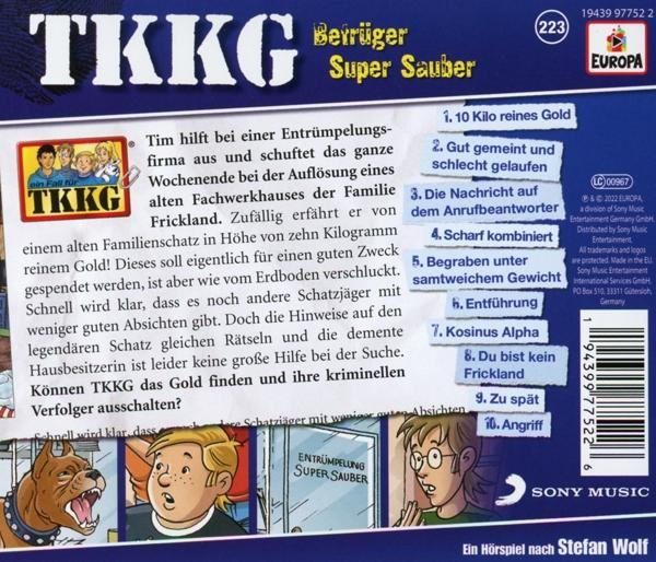 Rückseite eines TKKG-Buches mit Text und Illustrationen.