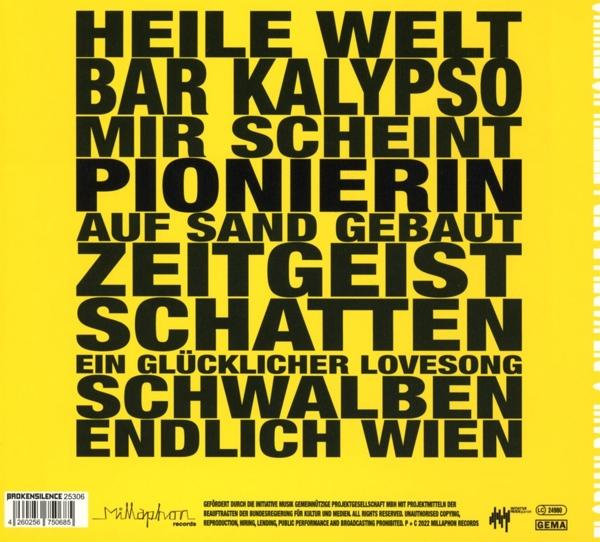 Gelbes Albumcover mit schwarzem Text, Titel: Heilige Welt, Kalypso, Mir Scheint.
