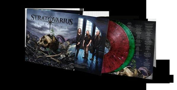 Vinyl-Schallplatten-Albumcover. Text: Stratovarius Survive. Bandmitglieder stehen. Grüne und rote Platte.