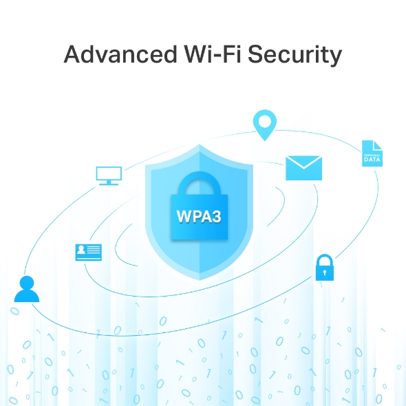 Mavi bir arka plan üzerinde WPA3 kilidi ve etrafında çizgiler bulunan simgeler içeren bir kalkan.