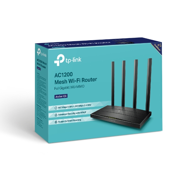 İçinde yönlendirici ve ayrıntılar bulunan mavi ve beyaz bir TP-Link Wi-Fi yönlendirici kutusu.