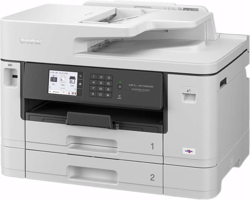 White Brother printer with a screen and number buttons. It has two paper trays.