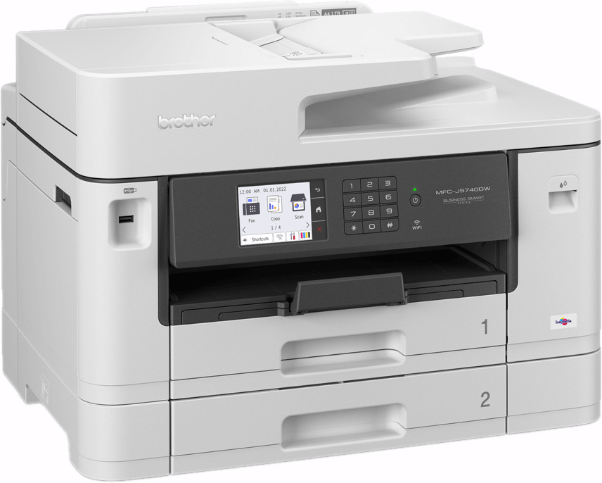 A white Brother printer with a screen and two paper trays.