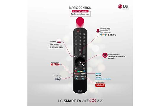 Mando a distancia de TV LG con botones y etiquetas, incluyendo Netflix, Disney+ y Prime Video.