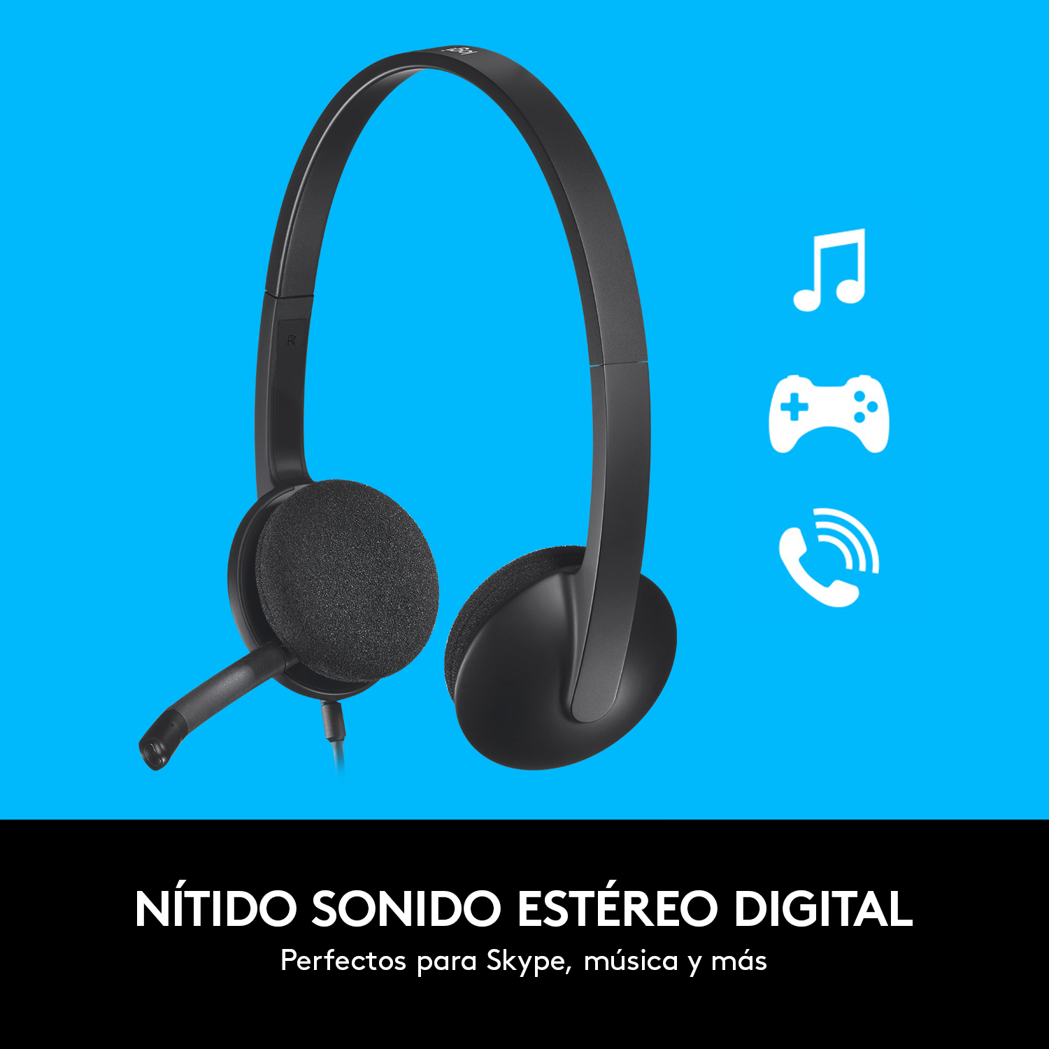 Auriculares negros con micrófono en un fondo azul con símbolos musicales.