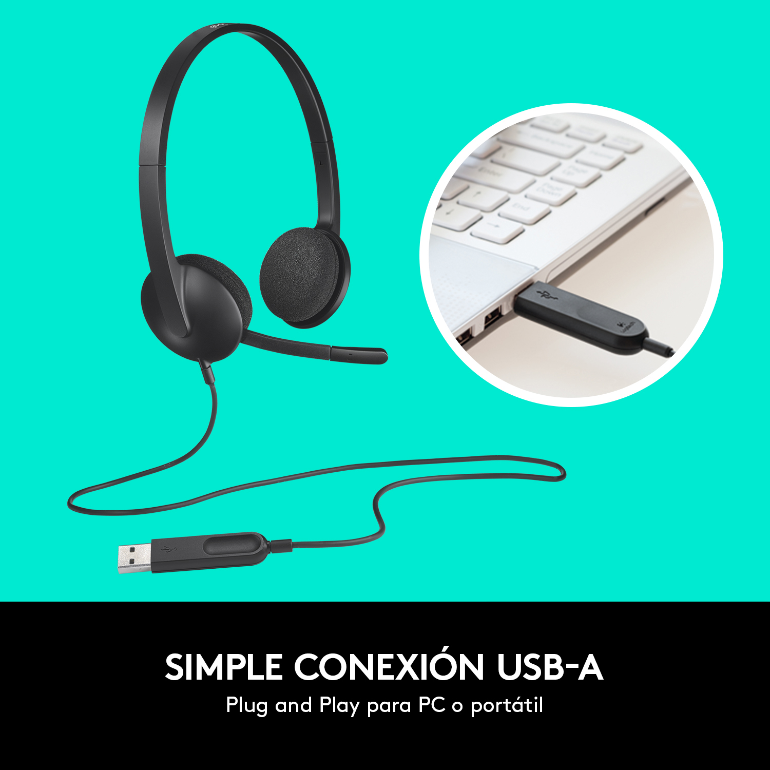 Auriculares negros con conector USB-A conectado a un portátil. Fondo blanco.