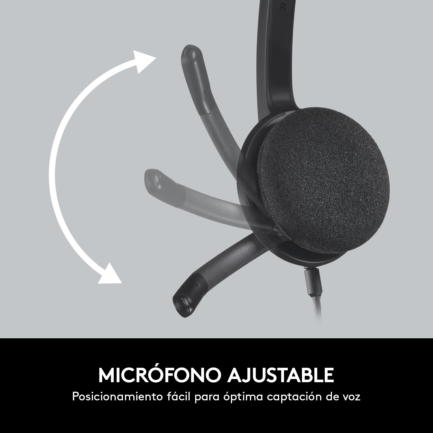 Auriculares negros con micrófono ajustable, sobre fondo gris. Texto: Micrófono ajustable, captura de voz óptima.
