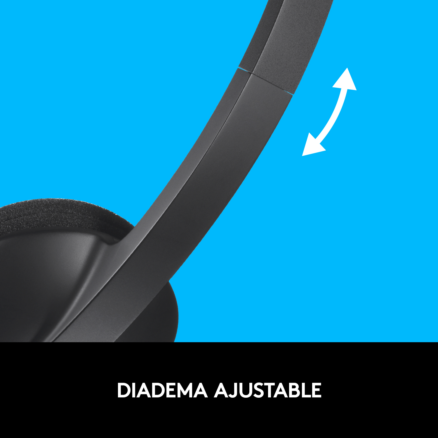 Auriculares negros con diseño curvo. Flechas blancas indican ajuste. Fondo azul.