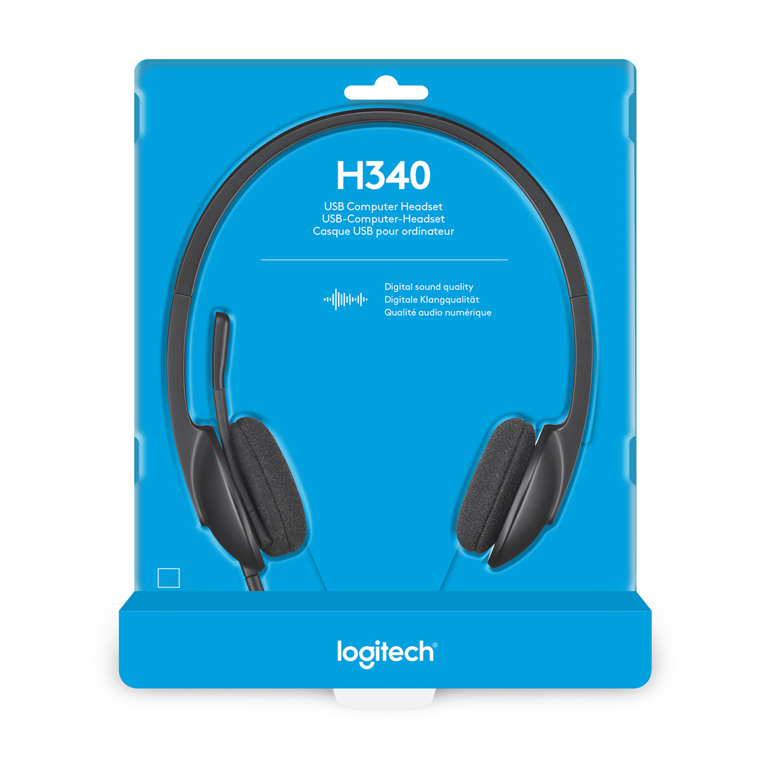 Embalaje de auriculares sobre un fondo azul. Los auriculares son negros. La marca es Logitech.