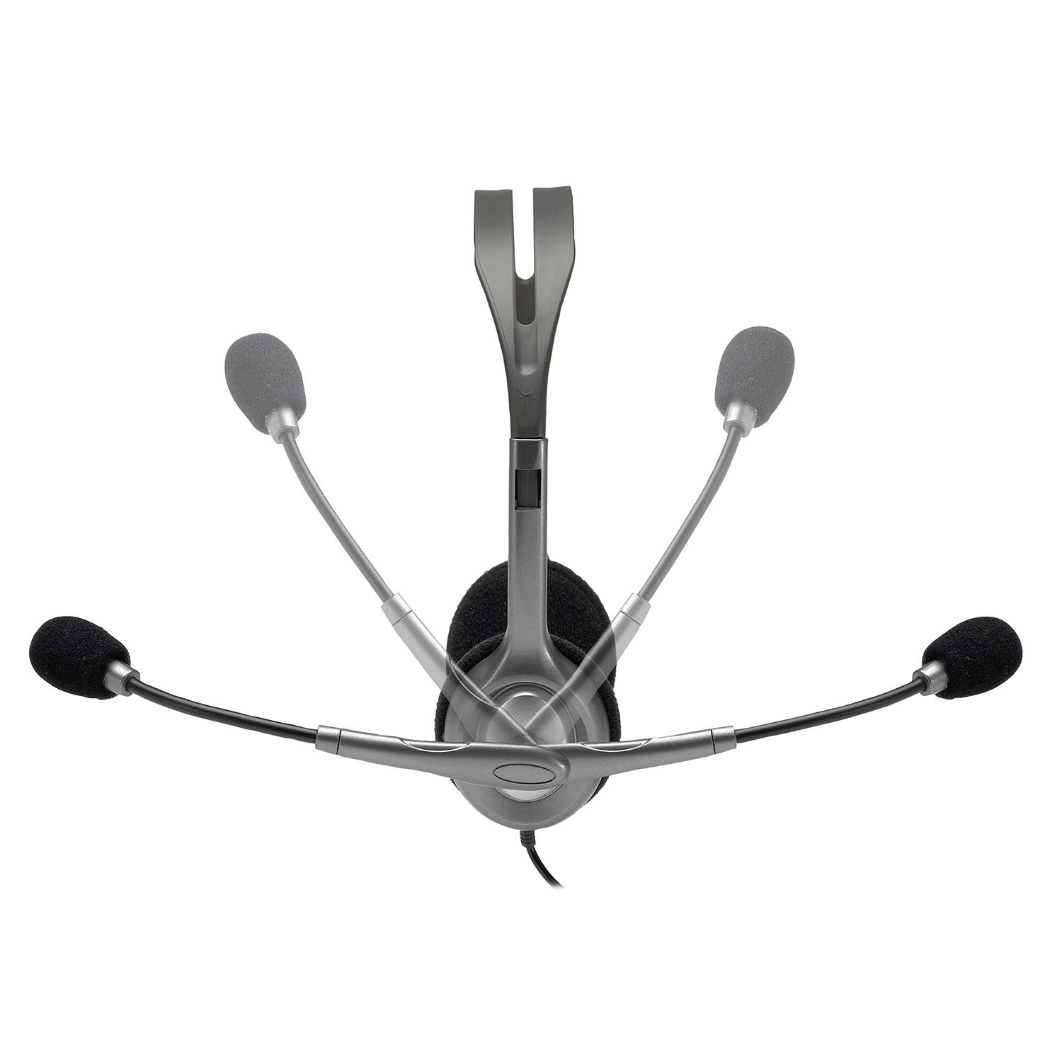 Auriculares con múltiples micrófonos. Es gris y negro y está sobre un fondo blanco.