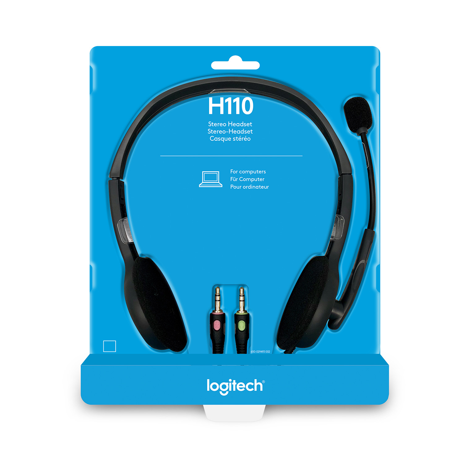 Un paquete azul que contiene unos auriculares estéreo Logitech H110 negros para ordenadores.