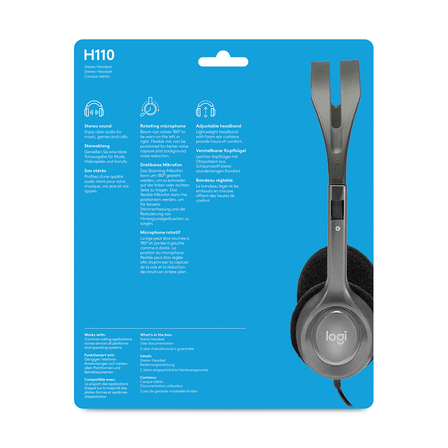 Embalaje de auriculares H110 con características y especificaciones. El auricular es gris con una almohadilla negra.
