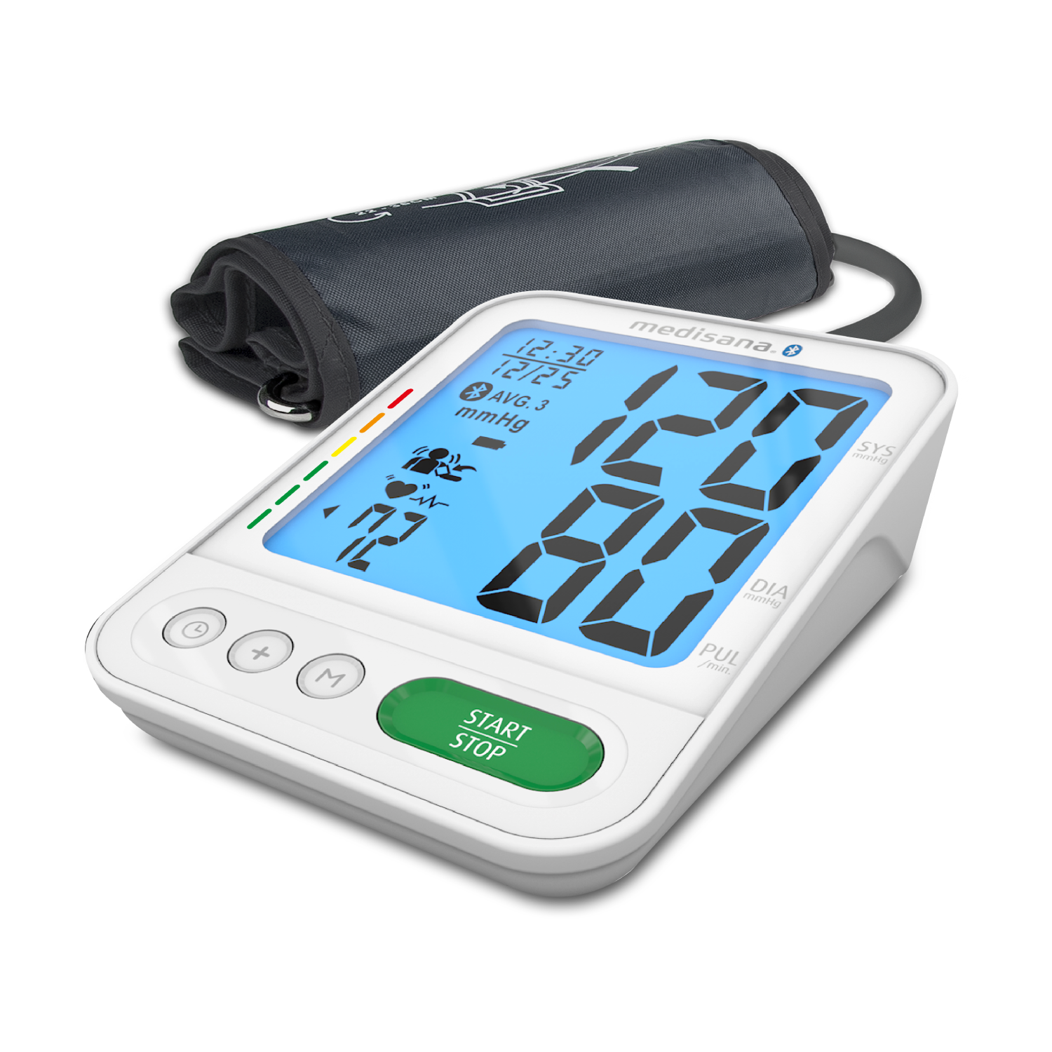 A blood pressure monitor with a display showing readings and an attached arm cuff.