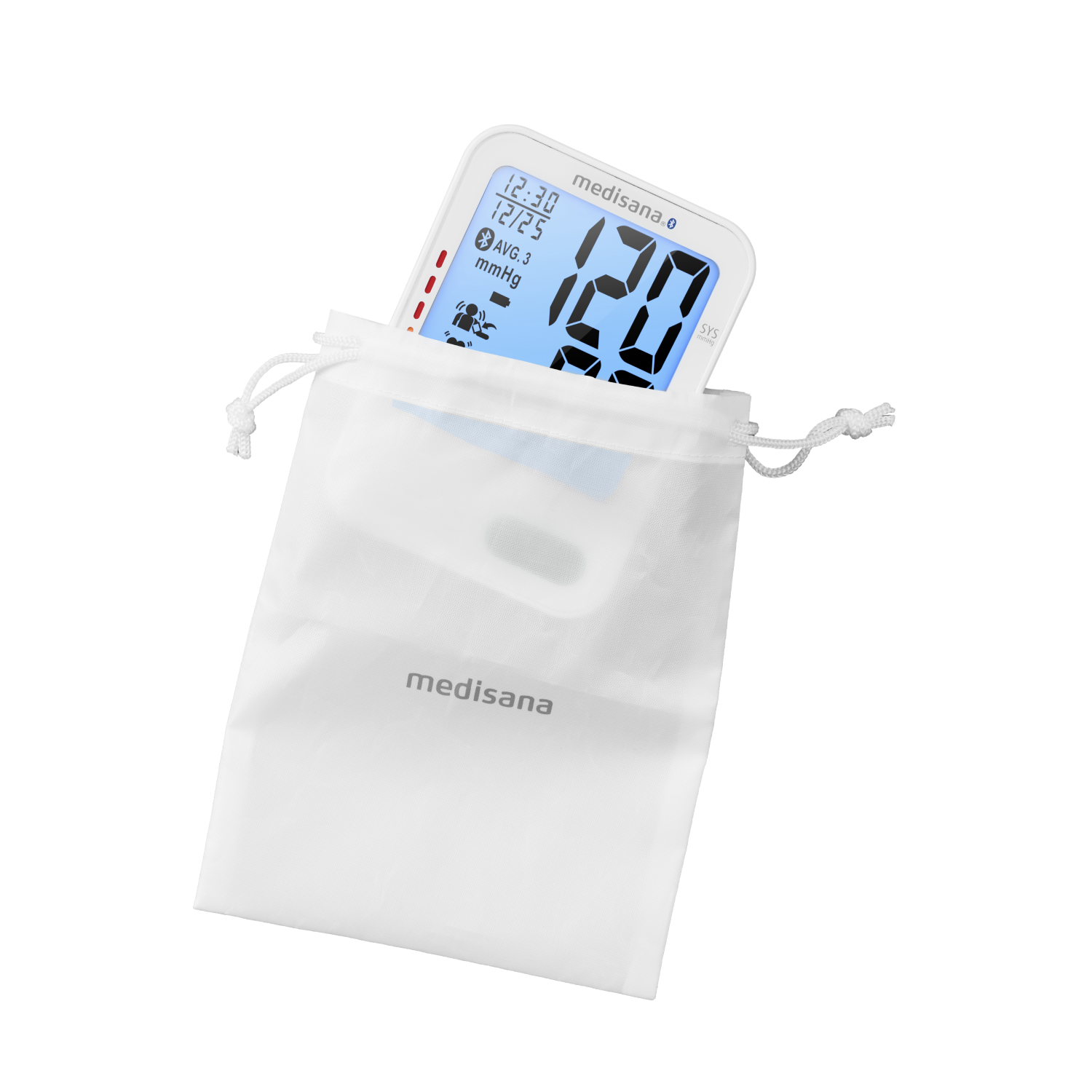 White medisana blood pressure monitor inside a white drawstring bag.