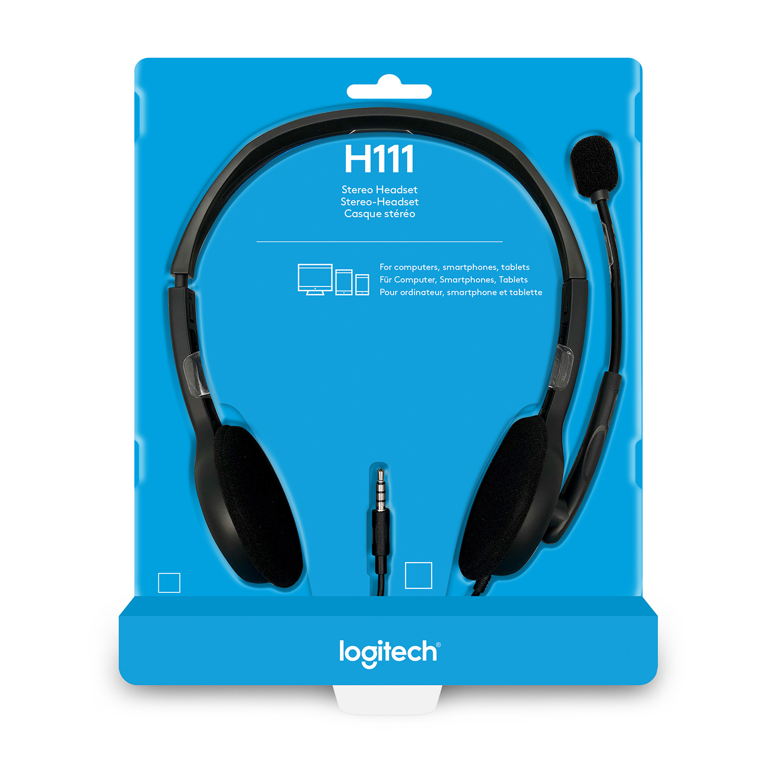 Auriculares sobre un fondo azul. Incluye un micrófono, un conector y un cable. El logotipo de la marca es visible.