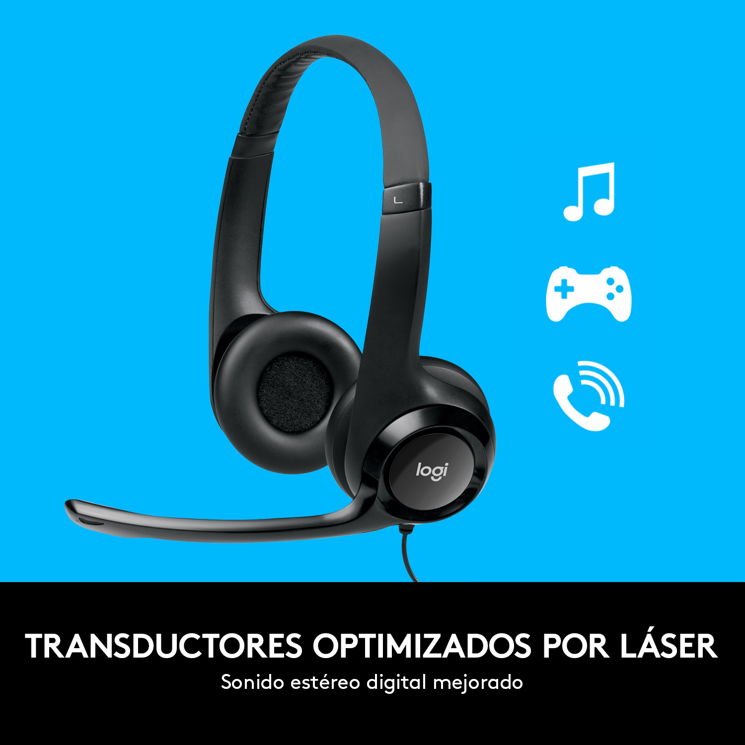Un auricular negro con micrófono, con iconos de música y juegos sobre un fondo azul.