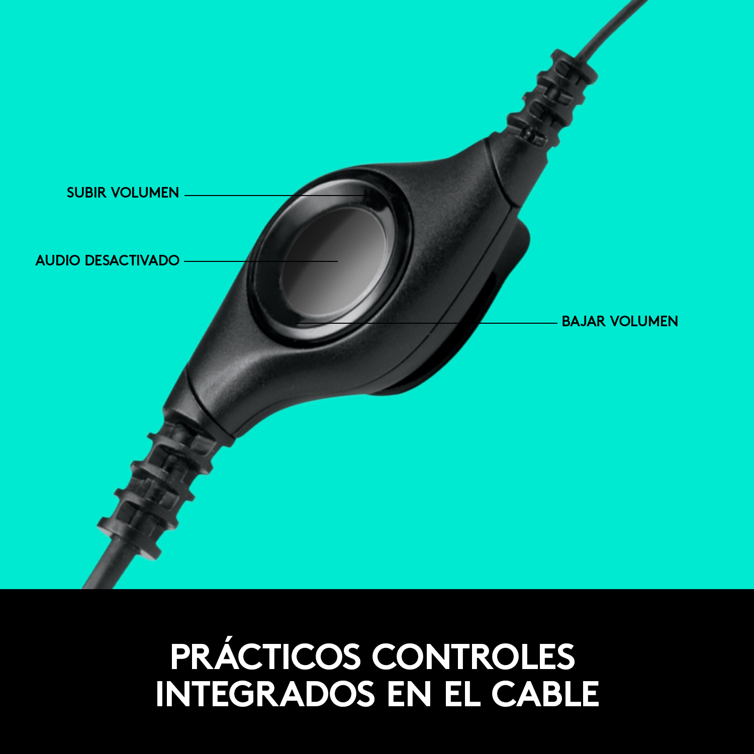 Primer plano de un control de auriculares negro con botones de subir y bajar volumen.