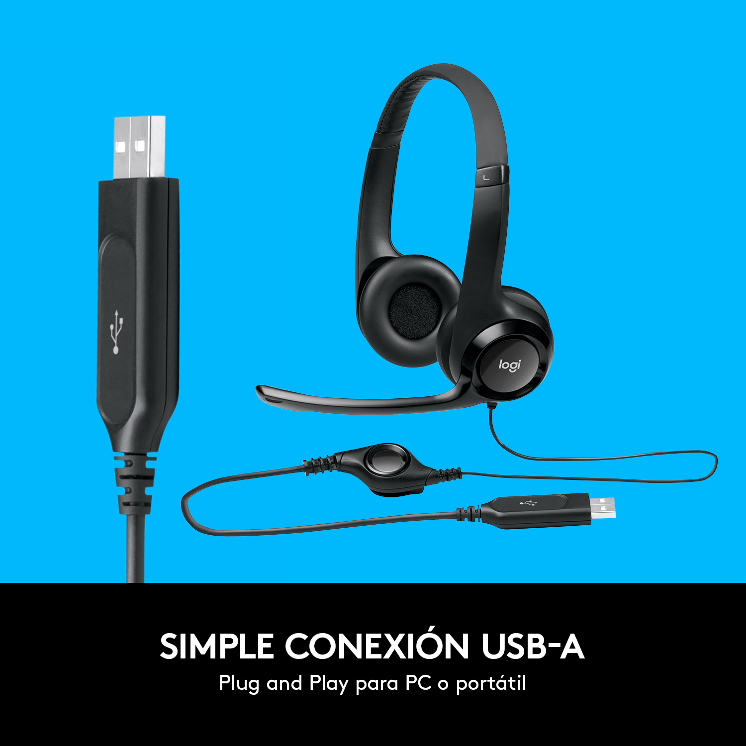 Auriculares USB Logitech con cable USB, sobre fondo azul.