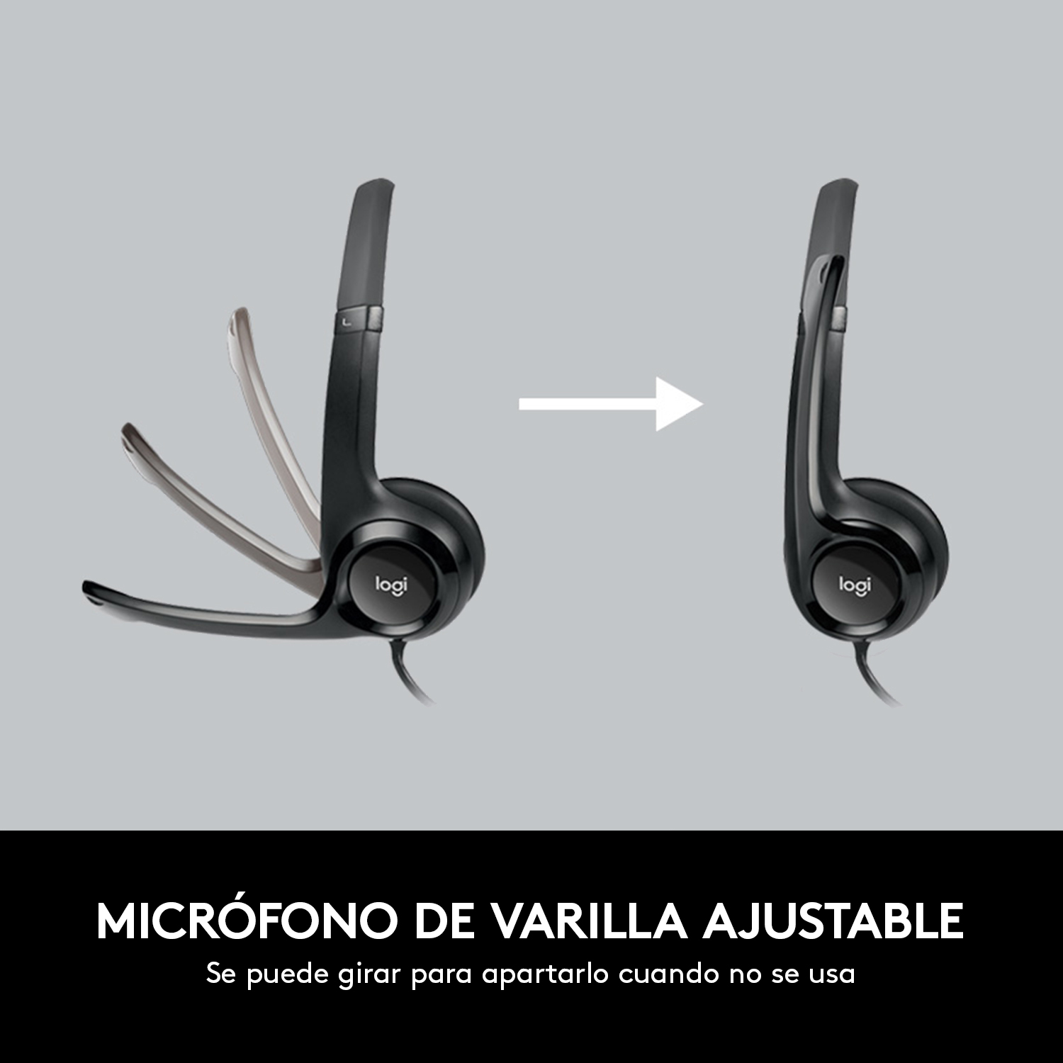Auriculares con micrófono ajustable, que muestran las posiciones cerrada y abierta.