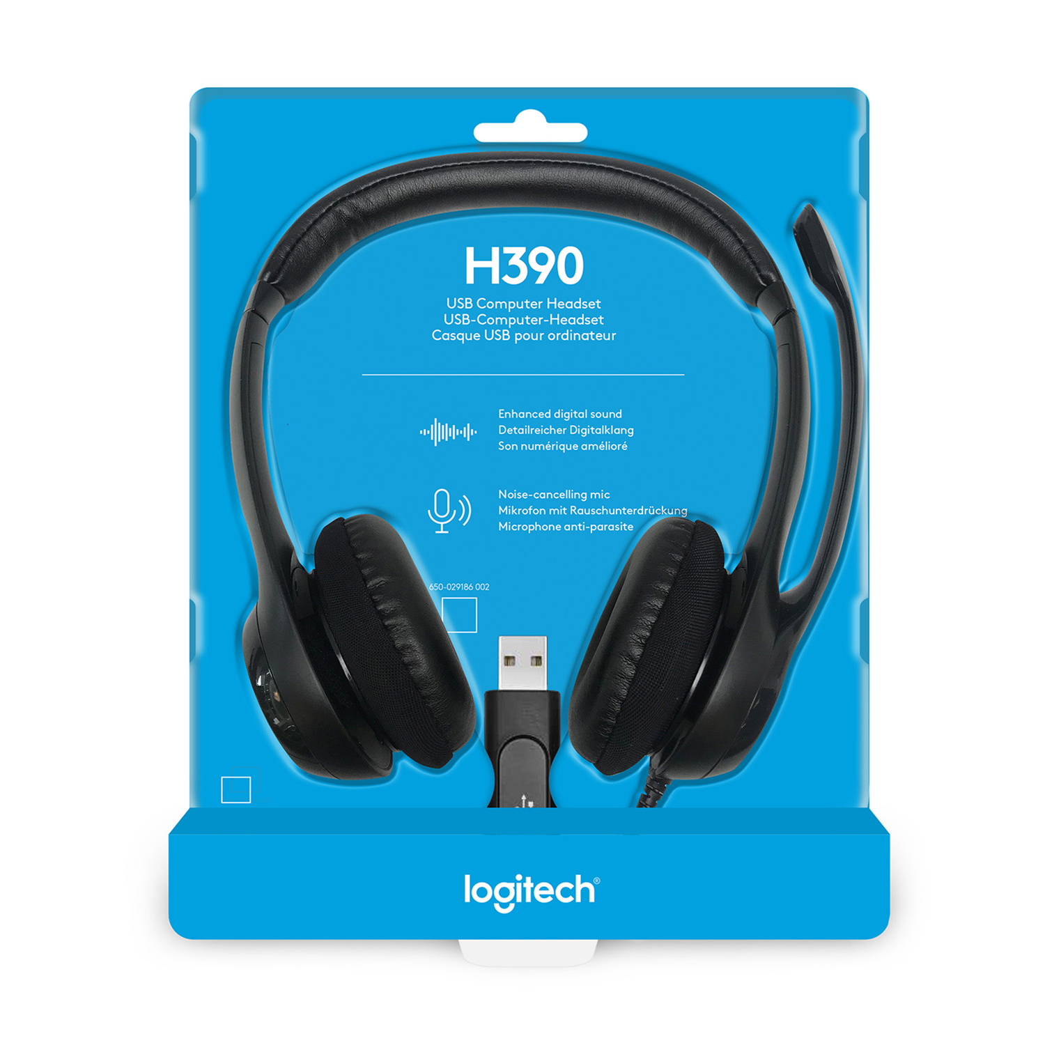 Auriculares USB Logitech H390 en embalaje. Texto: Sonido digital mejorado, micrófono con cancelación de ruido.