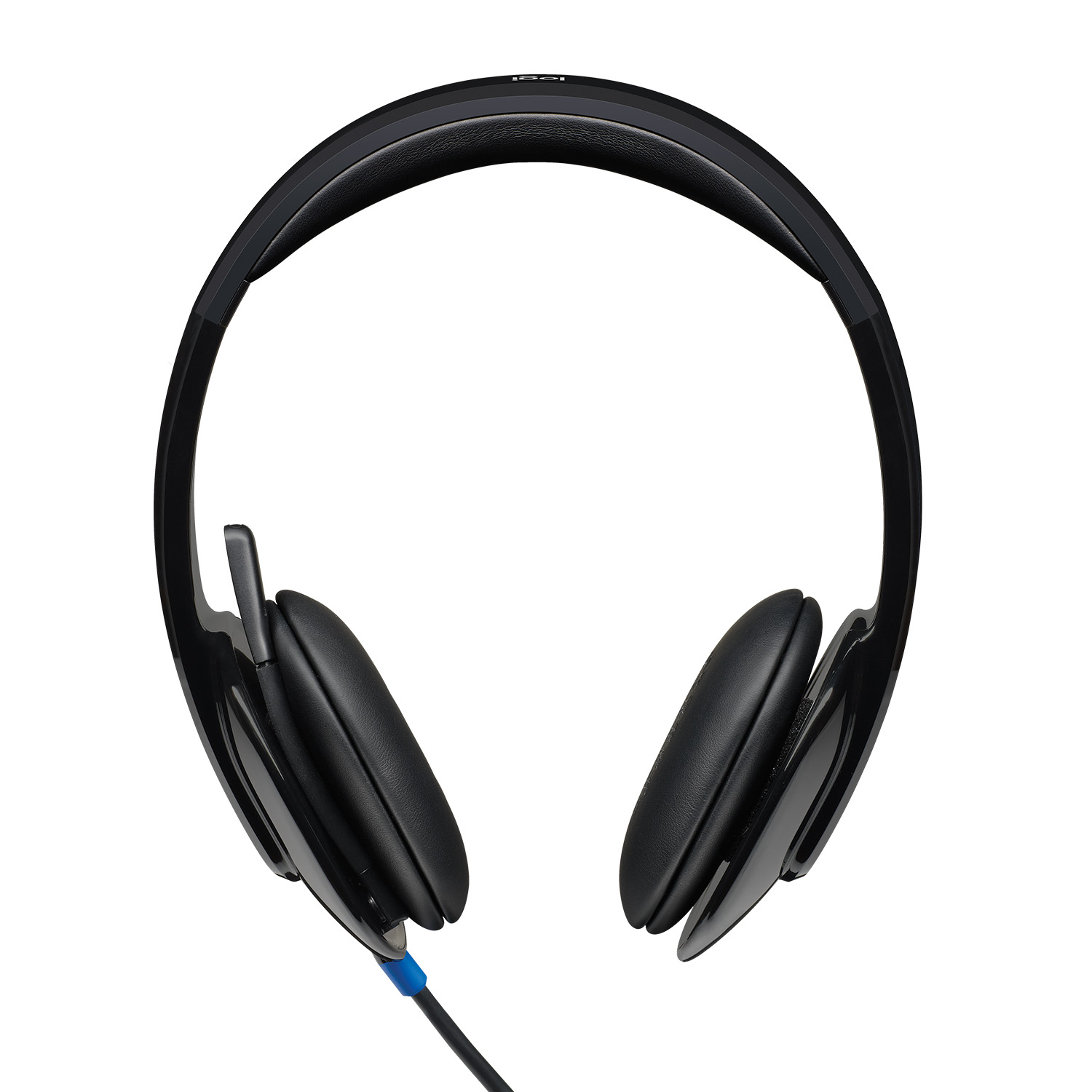 Auriculares negros con almohadillas, diadema y cable azul.