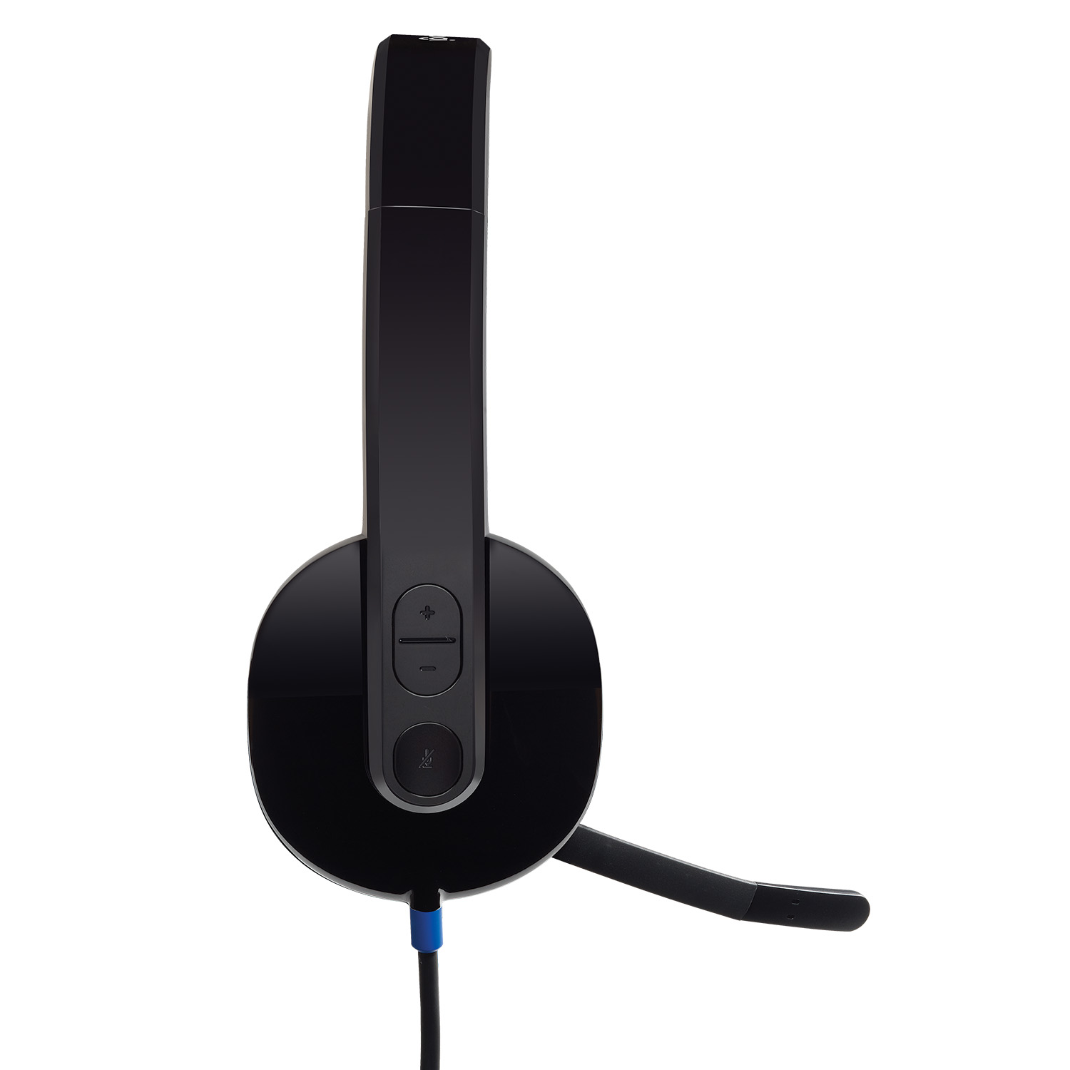Auriculares negros con micrófono y controles de volumen sobre fondo blanco.