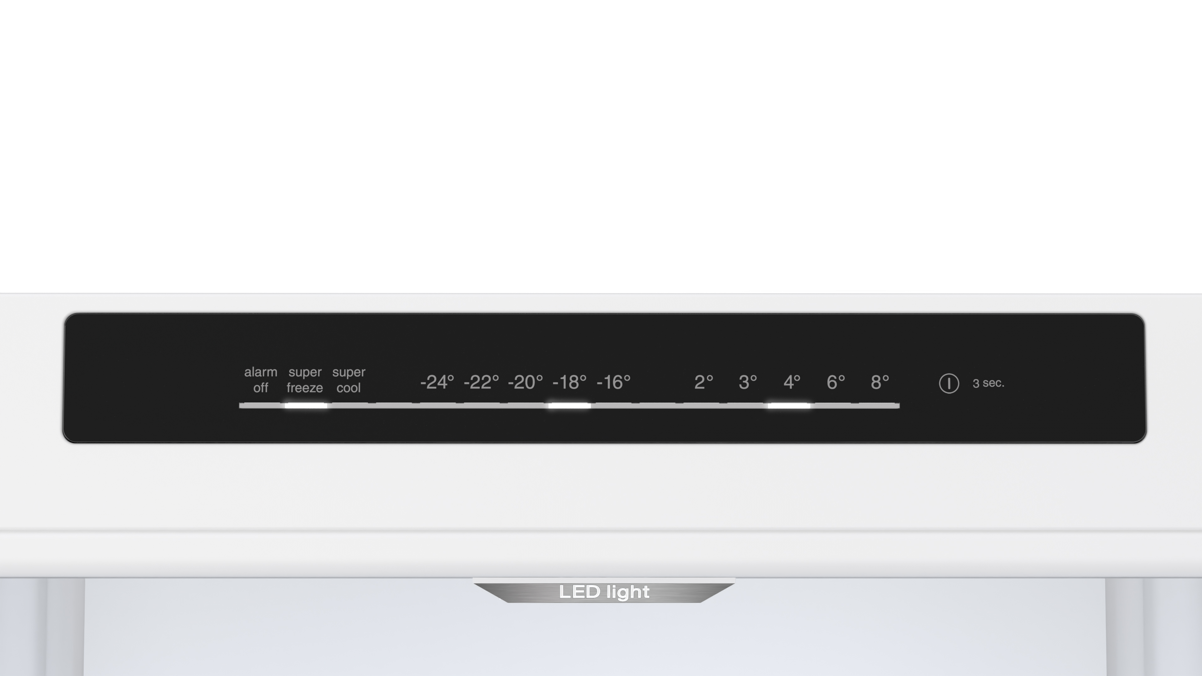 Panel de control de refrigerador blanco. Tiene ajustes de temperatura y funciones de alarma y congelación.