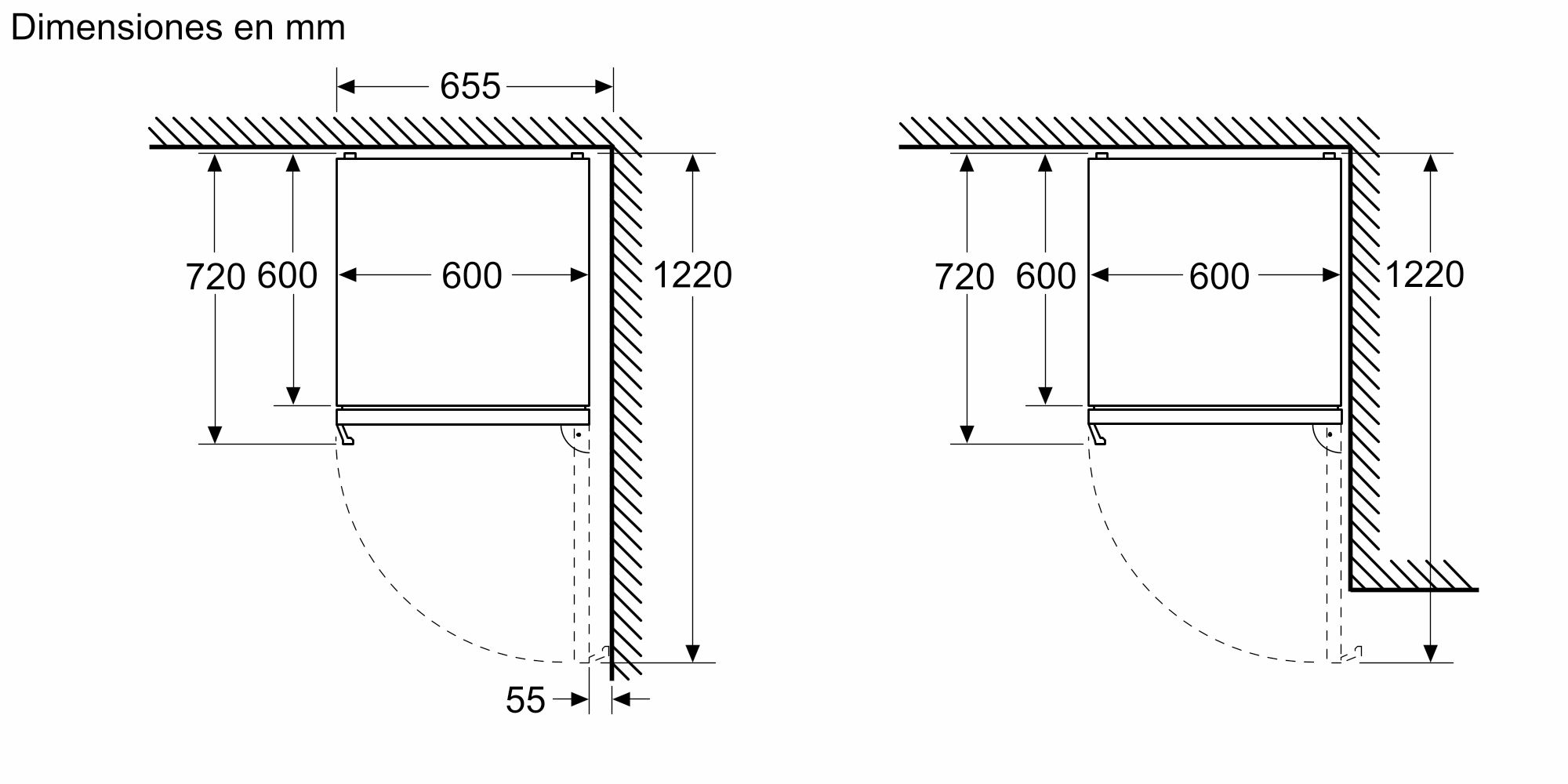 Diagrama que muestra las dimensiones para instalar una nevera en un espacio de esquina.