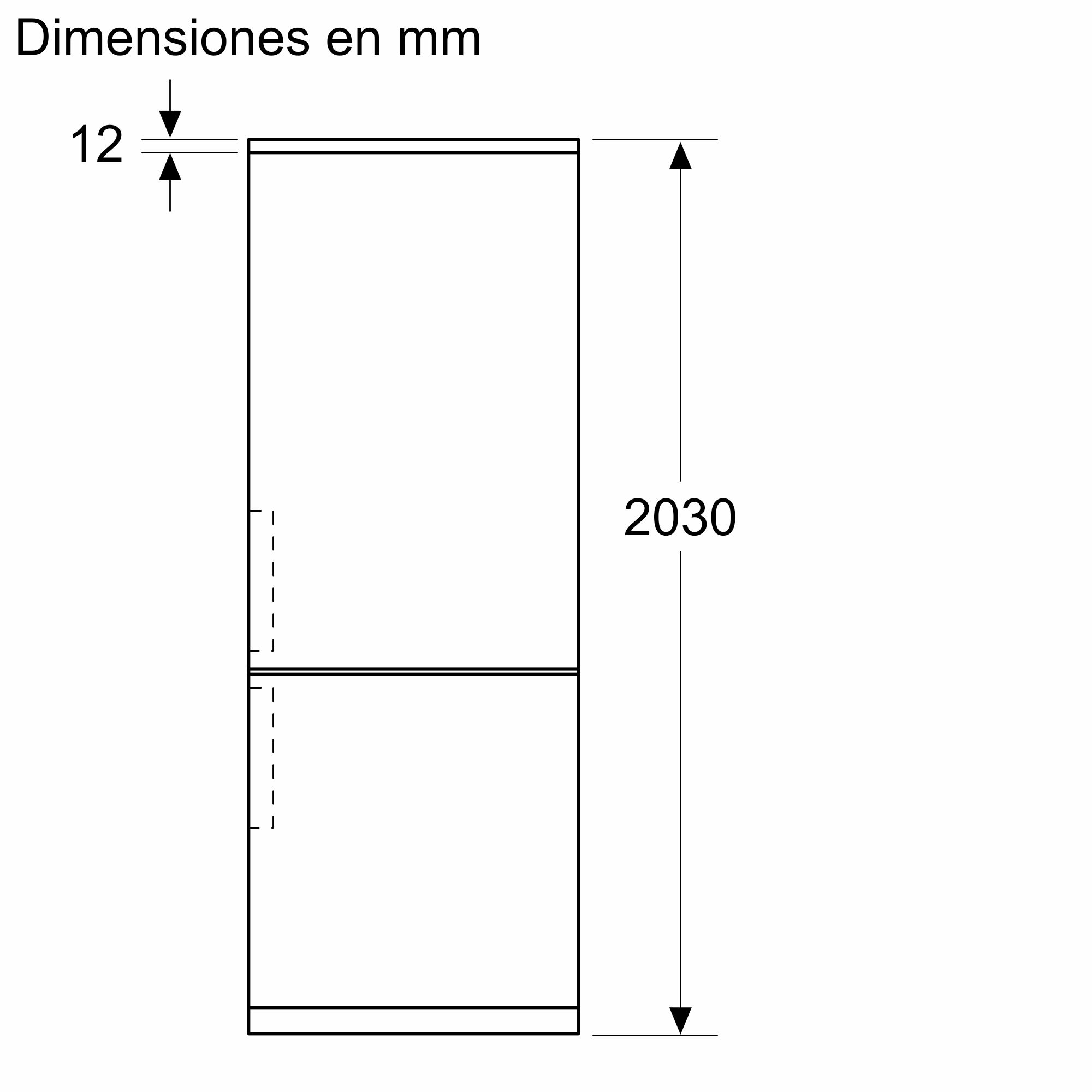Dibujo técnico de un refrigerador, dimensiones en mm, fondo blanco.