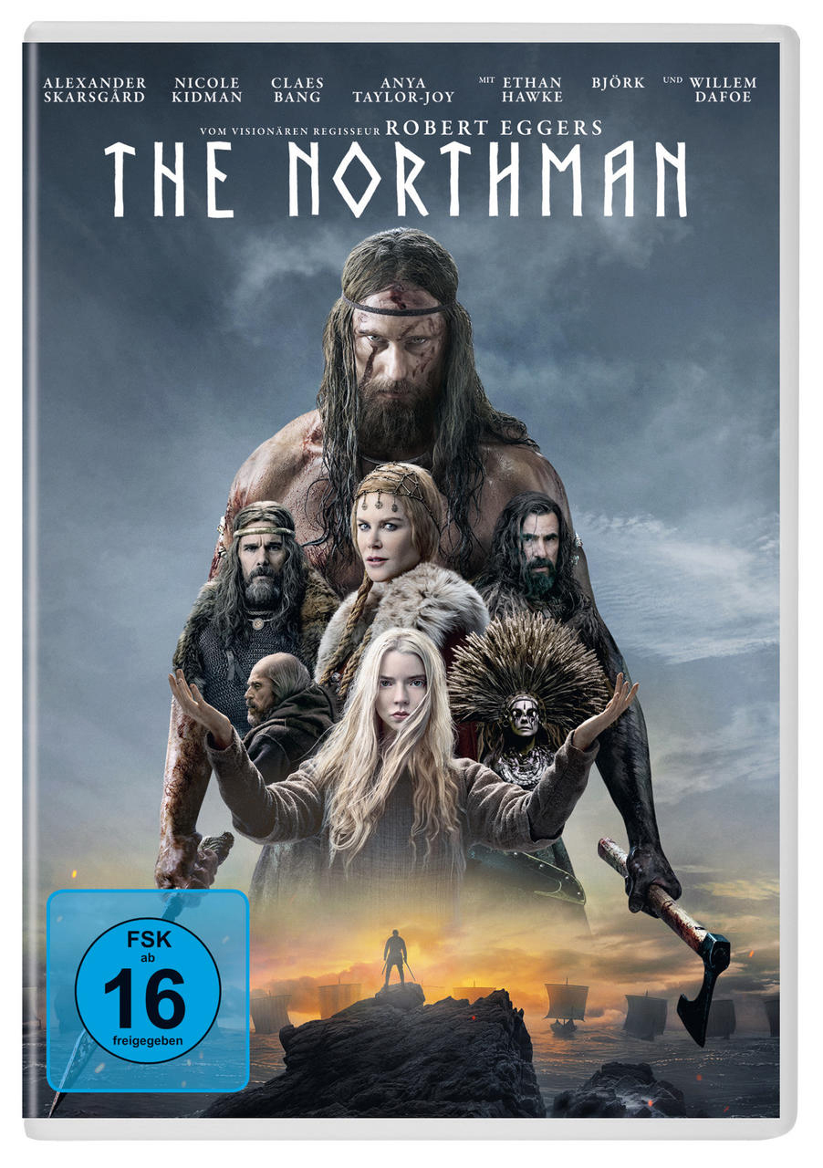 Filmcover: Eine Gruppe von Menschen in historischer Kleidung. Titel: The Northman. Die zentrale Figur ist ein bärtiger Mann.