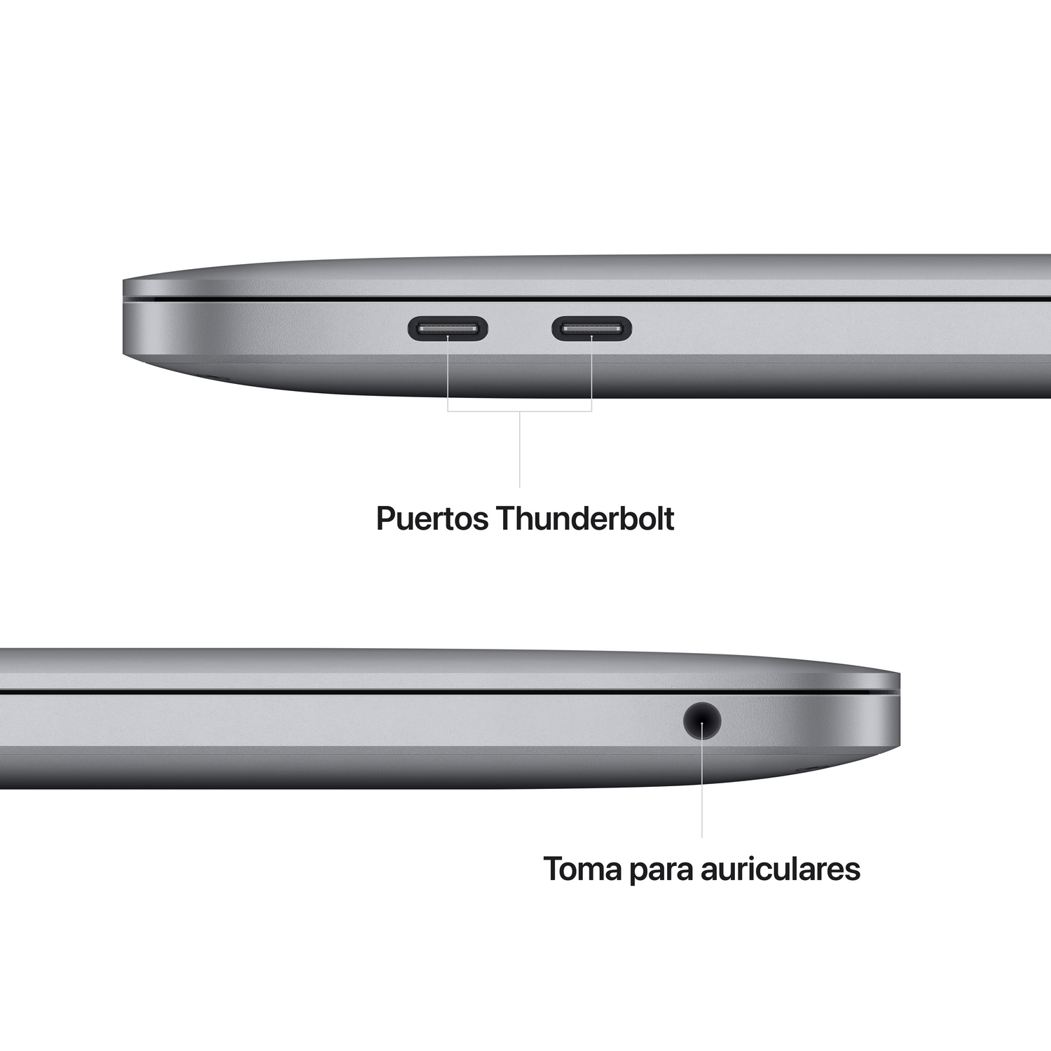 Primer plano del lateral de un portátil, con puertos Thunderbolt y etiquetas de conector de auriculares.