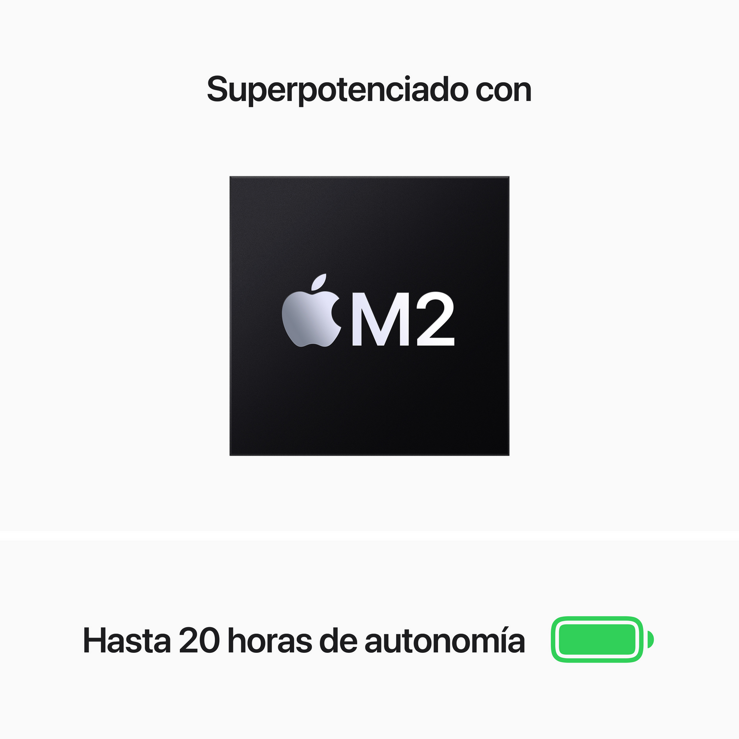 Cuadrado negro con chip M2 con logo de Apple. Fondo blanco, con frase sobre la duración de la batería.