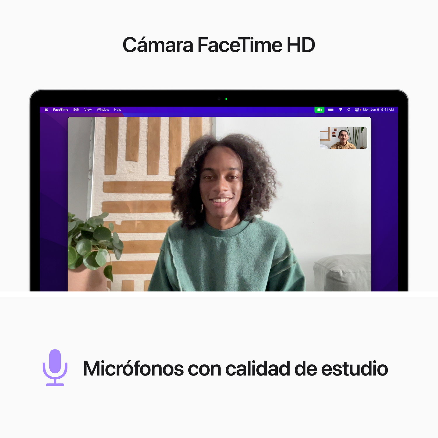 Pantalla de portátil con videollamada con persona sonriente. Texto: 'Cámara FaceTime HD'.