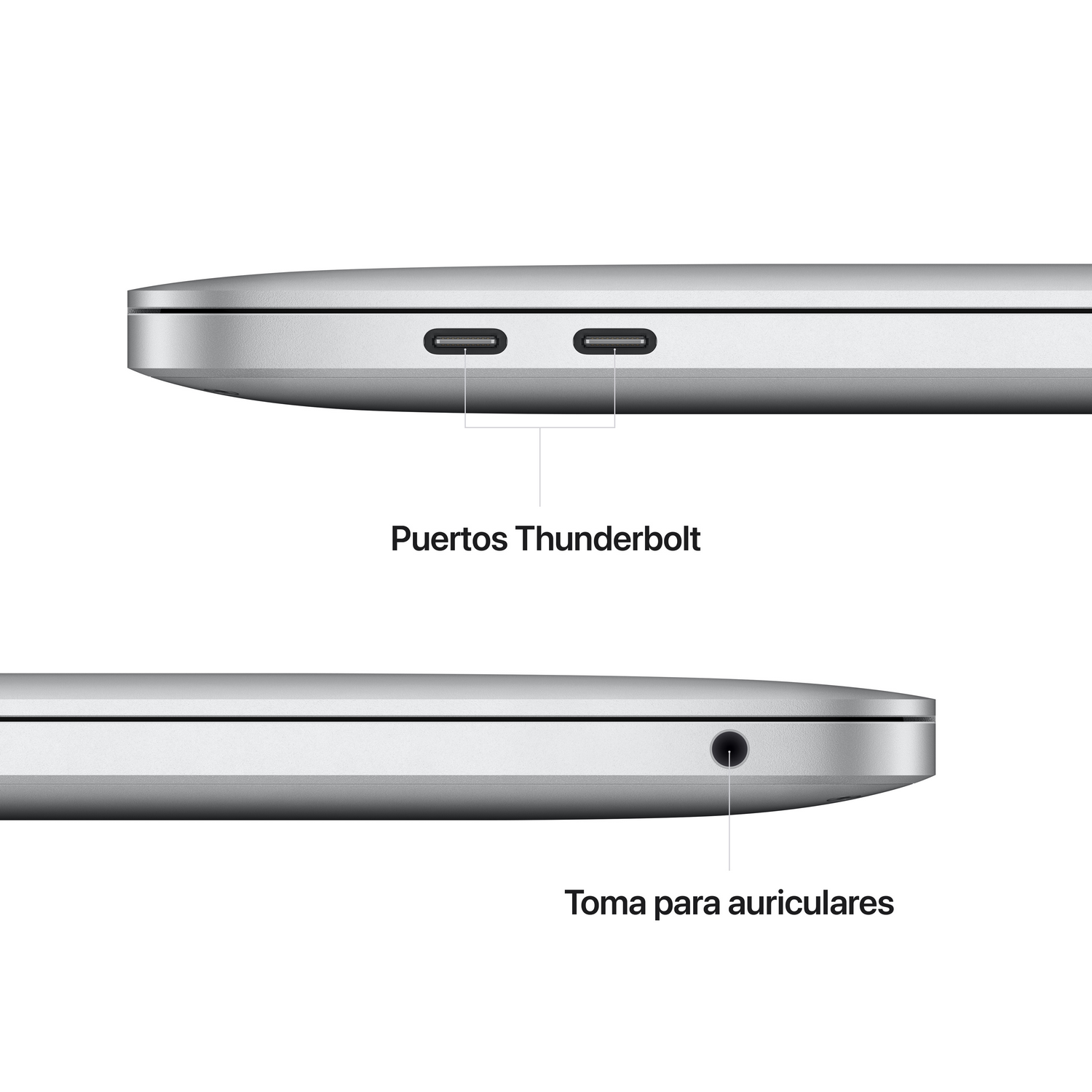 Primer plano de un portátil plateado con dos puertos USB-C y una toma de auriculares.