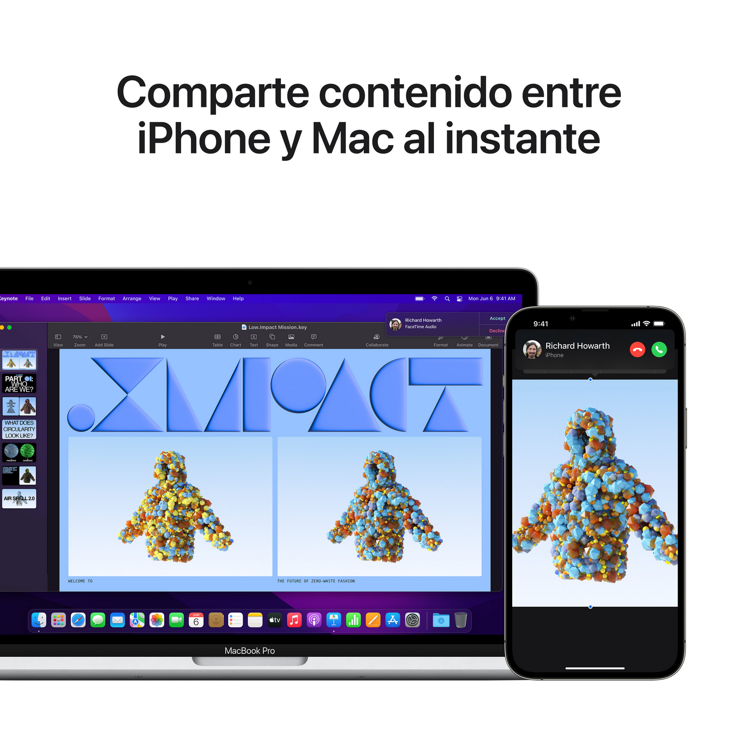 Un portátil y un iPhone mostrando la misma pantalla. Texto superpuesto: 'Comparte contenido entre iPhone y Mac'.
