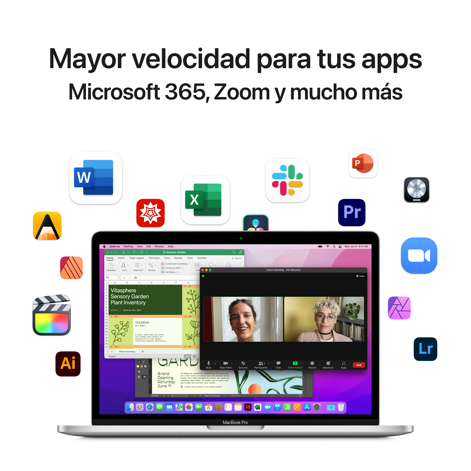 Pantalla de portátil con aplicaciones, texto: Mayor velocidad para tus apps.