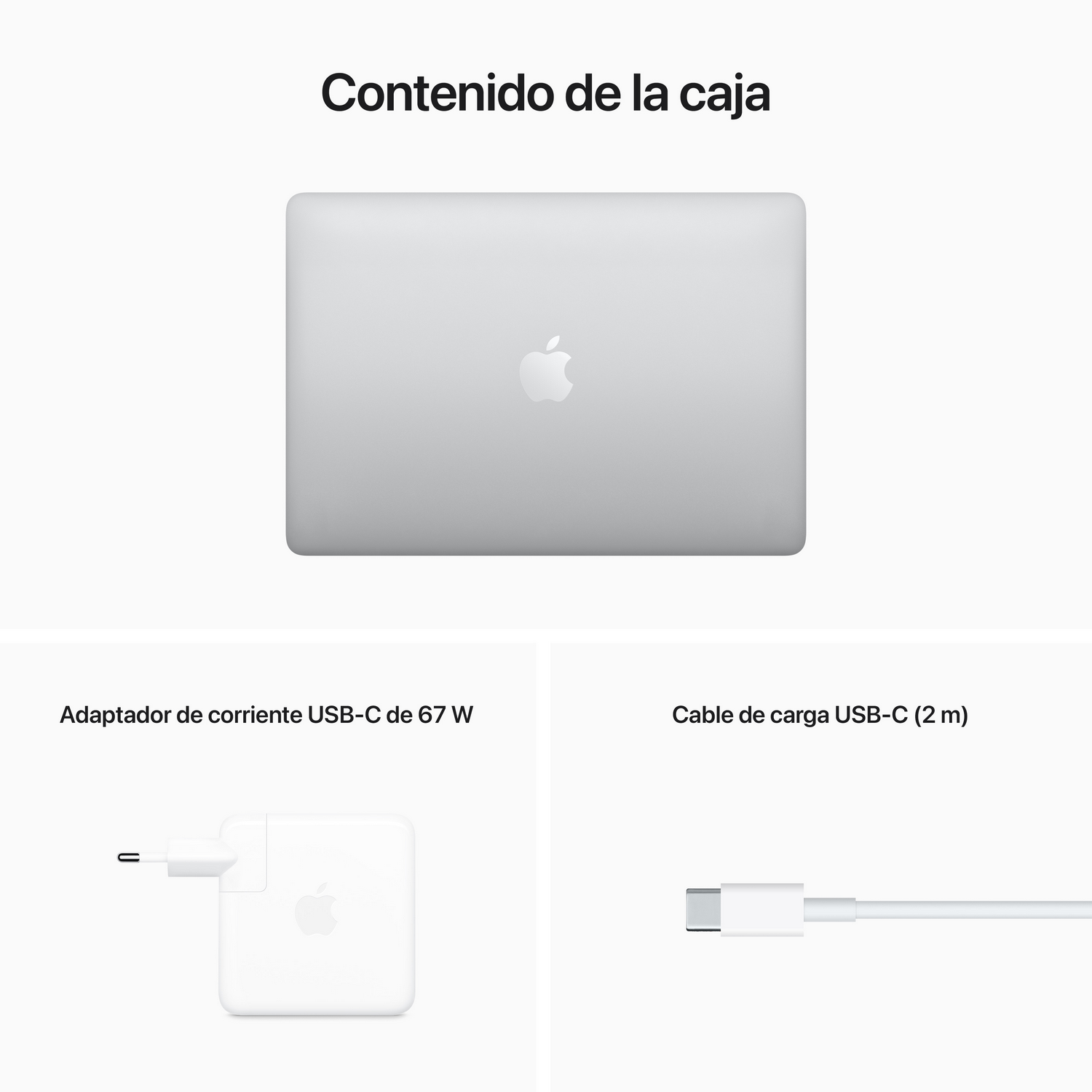 Vista superior de una laptop plateada, adaptador de corriente y cable.