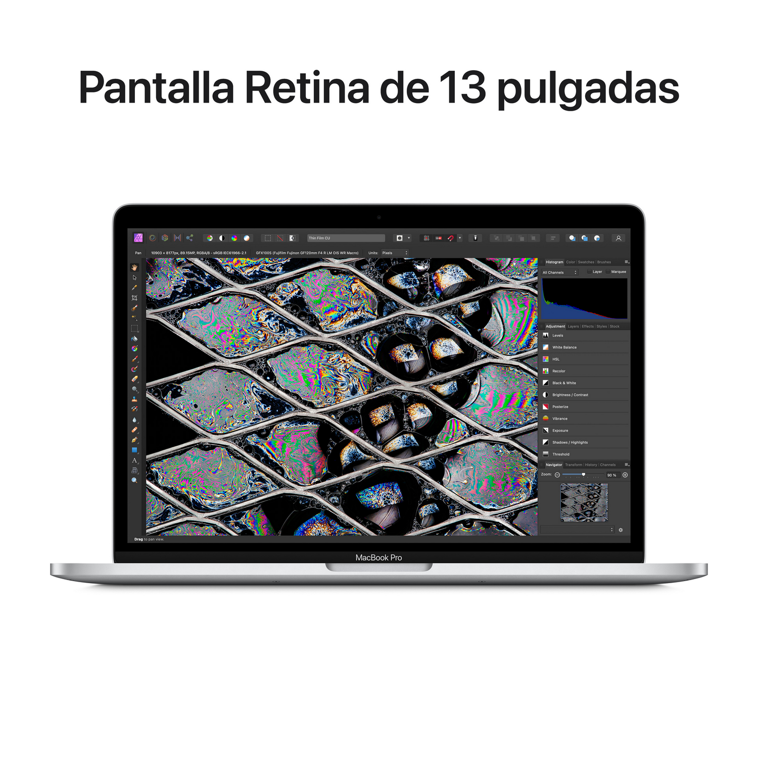 Pantalla de portátil con interfaz de edición de imágenes. Texto: 'Pantalla Retina de 13 pulgadas'.