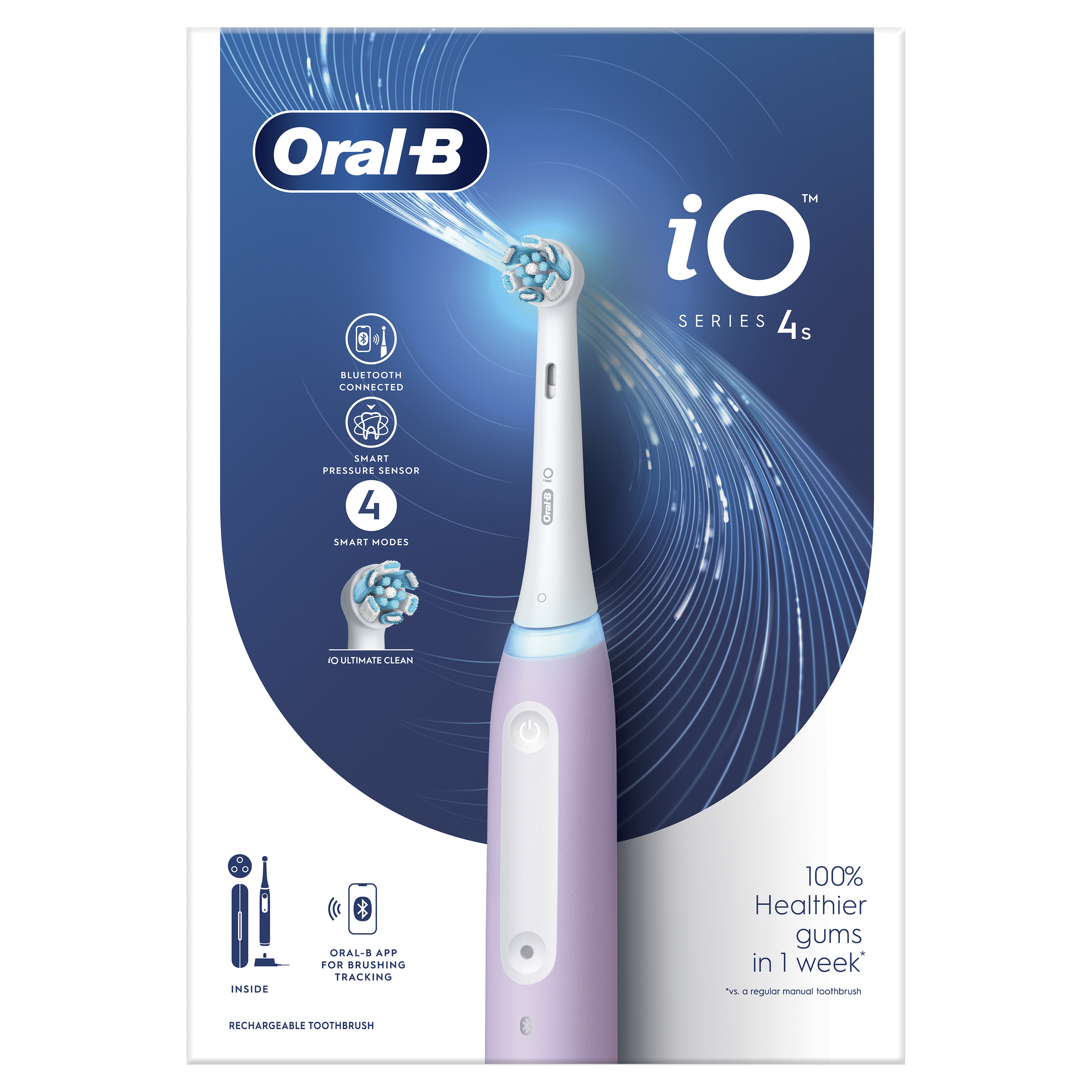Purple Oral-B iO Series 4s electric toothbrush with blue light and features description on the box.