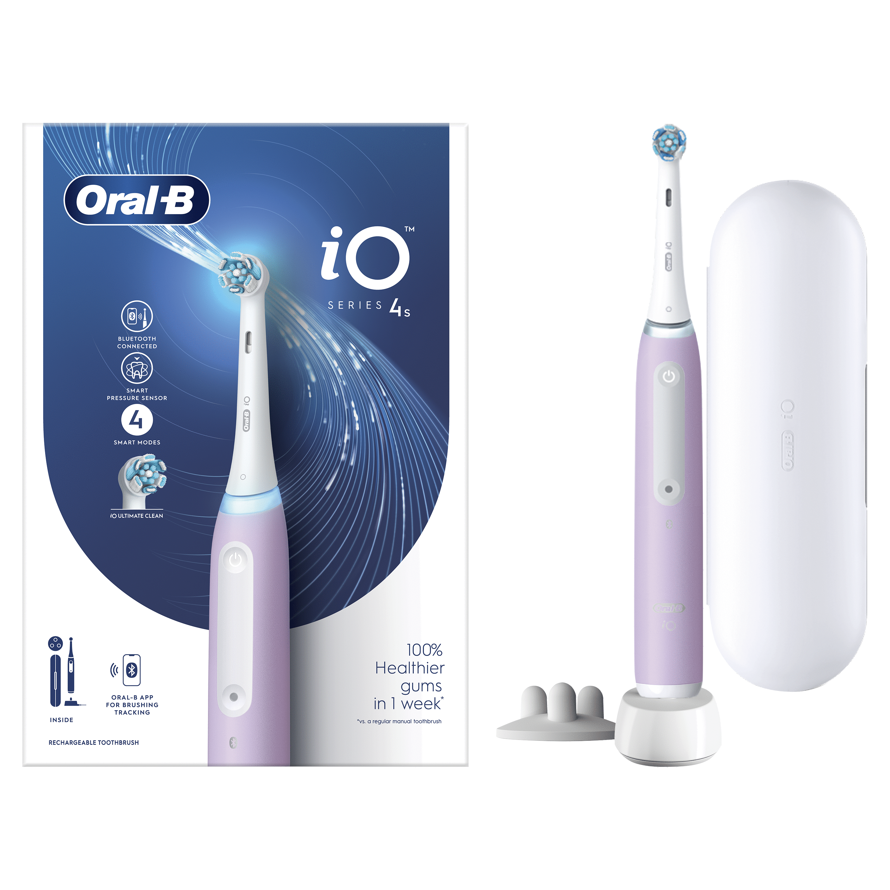 Oral-B iO Series 4s electric toothbrush, charging base, and travel case on white surface, with box.
