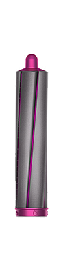 A cylindrical Dyson hair styler attachment, silver with a pink stripe.