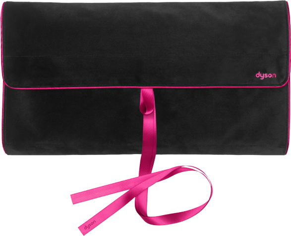Black, foldable Dyson case, pink trim and ribbon, on a black background.